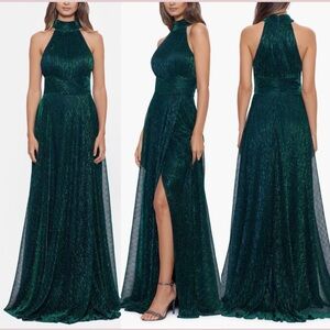 Betsy & Adam Halter Dress Gown Metallic Crinkle Sleeveless Wrap Teal Green Party